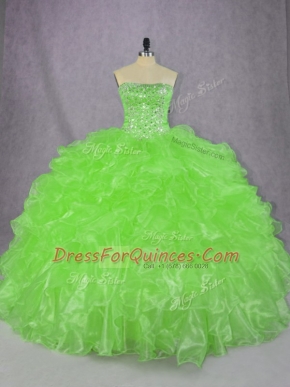 Exceptional Ball Gowns Organza Strapless Sleeveless Beading and Ruffles Floor Length Lace Up Vestidos de Quinceanera