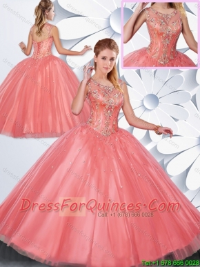 Hot Sale Beading Scoop Quinceanera Gowns in Watermelon