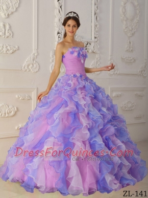 Multi-Color Ball Gown Strapless Pretty Quinceanera Dresses with  Organza Hand Flowers and Ruffles