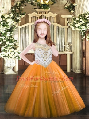 Superior Ball Gowns Little Girls Pageant Gowns Orange Scoop Tulle Sleeveless Floor Length Zipper