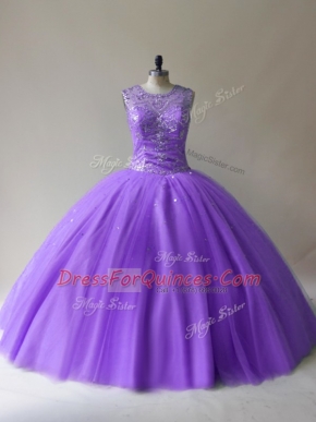 Lavender Ball Gowns Scoop Sleeveless Tulle Floor Length Lace Up Beading Ball Gown Prom Dress