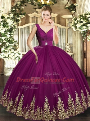 Dazzling Fuchsia Backless V-neck Beading and Appliques and Ruching Quinceanera Dress Tulle Sleeveless