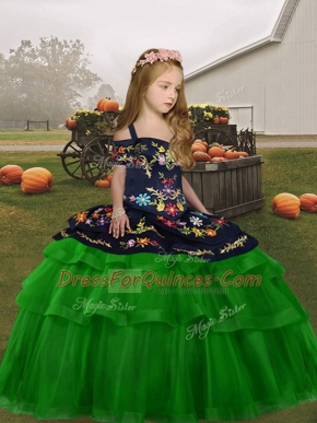 Excellent Green Ball Gowns Tulle Straps Sleeveless Embroidery and Ruffled Layers Floor Length Lace Up Custom Made Pageant Dress