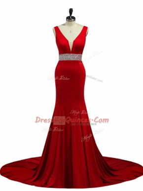 Wine Red Elastic Woven Satin Zipper Dress for Prom Sleeveless Brush Train Beading