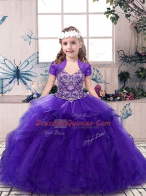Custom Design Purple Tulle Lace Up Little Girls Pageant Dress Wholesale Sleeveless Floor Length Beading