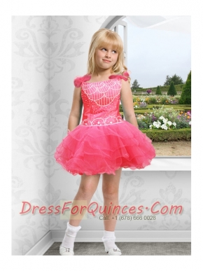 Beautiful Straps Beading Appliques Watermelon Little Girl Dress with Mini-length