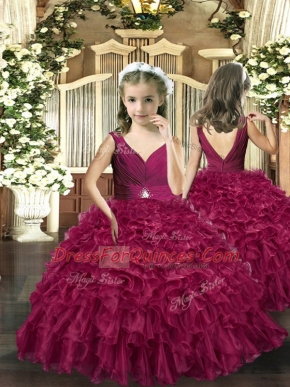 Beading and Ruffles Pageant Dress for Womens Burgundy Backless Sleeveless Floor Length