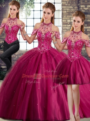 Amazing Sleeveless Brush Train Beading Lace Up Ball Gown Prom Dress