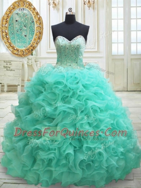 Sophisticated Apple Green Sleeveless Beading and Ruffles Lace Up Quinceanera Dresses