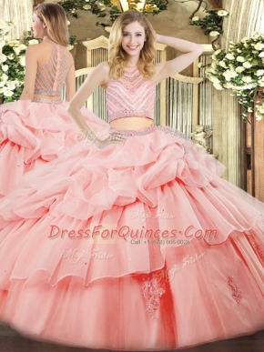 Pink Zipper Sweet 16 Dress Beading and Ruffles Sleeveless Floor Length