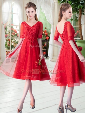 Red Tulle Lace Up V-neck Half Sleeves Knee Length Prom Dress Beading and Appliques