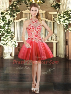 Beauteous Coral Red Halter Top Neckline Embroidery Prom Gown Sleeveless Lace Up