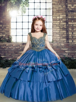 Dazzling Blue Ball Gowns Beading Pageant Dress for Girls Lace Up Taffeta Sleeveless Floor Length