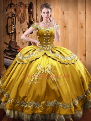 Sweet Gold Ball Gowns Satin and Organza Off The Shoulder Sleeveless Beading and Embroidery Floor Length Lace Up Ball Gown Prom Dress