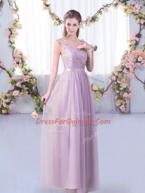 Sexy Sleeveless Floor Length Lace and Belt Side Zipper Dama Dress with Lavender