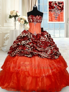 Noble Lace Up Quinceanera Gowns Orange Red for Military Ball and Sweet 16 and Quinceanera with Beading Brush Train