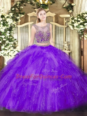Comfortable Lavender Scoop Lace Up Beading and Ruffles Quinceanera Gown Sleeveless