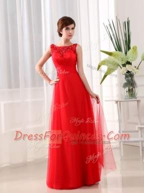 Clearance Scoop Floor Length Coral Red Prom Evening Gown Tulle Sleeveless Beading and Appliques