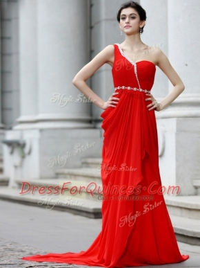 Flare One Shoulder Red Chiffon Zipper Prom Party Dress Sleeveless With Brush Train Beading and Ruching