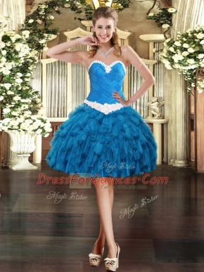 Classical Mini Length Blue Prom Dresses Organza Sleeveless Appliques and Ruffles