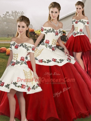 Floor Length White And Red Quinceanera Gown Off The Shoulder Sleeveless Lace Up