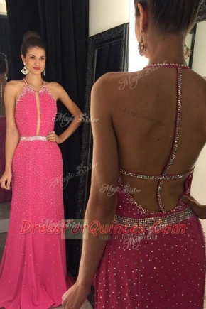 Suitable Hot Pink Prom Party Dress Prom and For with Beading Scoop Sleeveless Sweep Train Backless