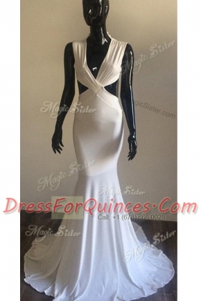 Spectacular Mermaid White V-neck Backless Ruching Prom Dresses Brush Train Sleeveless
