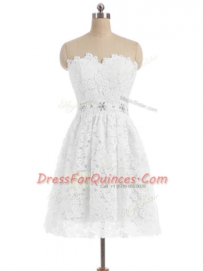 High Class White Sleeveless Knee Length Beading and Lace and Appliques Zipper