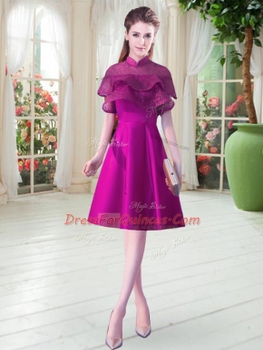 Purple A-line Beading Prom Gown Lace Up Satin Cap Sleeves Knee Length
