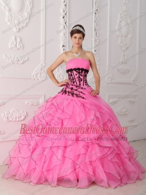 Pink Ball Gown Strapless Floor-length Appliques and Ruch Quinceanera Dress