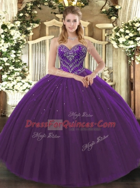 Fashion Ball Gowns Quinceanera Dresses Dark Purple Sweetheart Tulle Sleeveless Floor Length Lace Up
