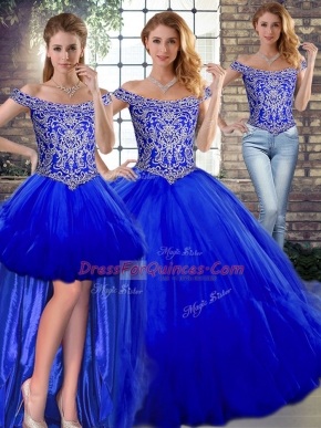 Royal Blue Lace Up Off The Shoulder Beading and Ruffles Quinceanera Gowns Tulle Sleeveless