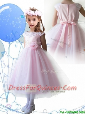Lovely Scoop Hand Made Flowers and Appliques Mini Quinceanera Dress in Baby Pink