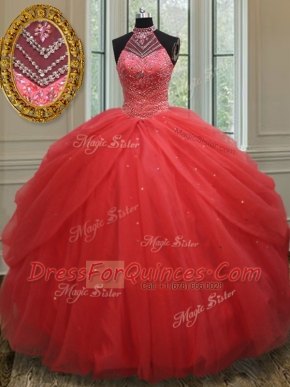 Fitting Halter Top Floor Length Lace Up Vestidos de Quinceanera Red for Military Ball and Sweet 16 and Quinceanera with Beading and Pick Ups