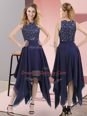 Pretty Navy Blue High-neck Neckline Beading and Sequins Dress for Prom Sleeveless Zipper