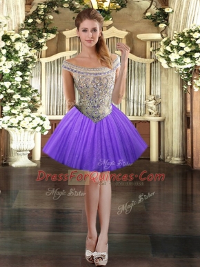 On Sale Off The Shoulder Sleeveless Prom Party Dress Mini Length Beading Lavender Tulle