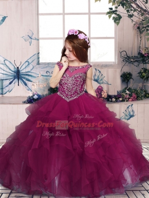New Arrival Scoop Sleeveless Pageant Gowns For Girls Floor Length Beading and Ruffles Fuchsia Organza