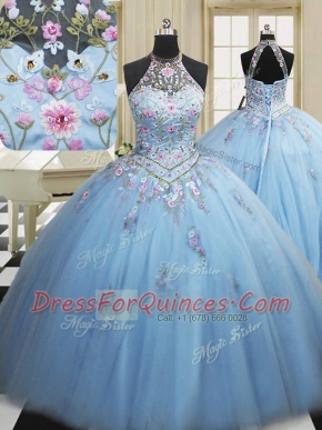 Inexpensive Light Blue High-neck Neckline Embroidery Sweet 16 Dresses Sleeveless Lace Up