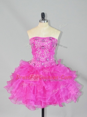 Luxury Mini Length Fuchsia Prom Party Dress Organza Sleeveless Beading and Ruffles