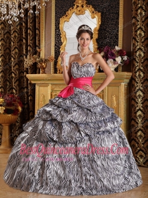 Popular Zebra Print Quinceanera Dress with Hot Pink sash Sweetheart Floor-length Ball Gown