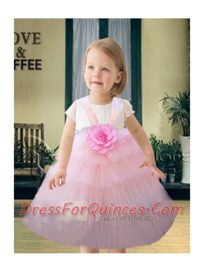 A-Line Straps Hand Made Flowers 2014 Little Girl Dress in Pink