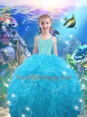 Lovely Beading and Ruffles Pageant Gowns For Girls Aqua Blue Lace Up Sleeveless Floor Length