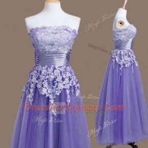 Strapless Sleeveless Lace Up Quinceanera Dama Dress Lavender Tulle