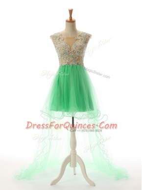 Scoop Sleeveless Tulle Prom Party Dress Appliques Backless
