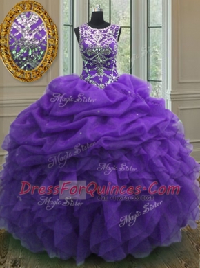 Dramatic Organza Scoop Sleeveless Lace Up Beading and Ruffles and Pick Ups Quinceanera Dress in Purple