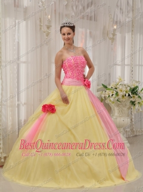Pink and Yellow Ball Gown Strapless Floor-length Taffeta and Tulle Hand Flowers Quinceanera Dress