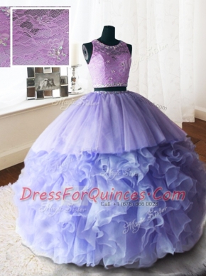 Scoop Sleeveless With Train Beading and Lace and Ruffles Zipper Ball Gown Prom Dress with Lavender Brush Train