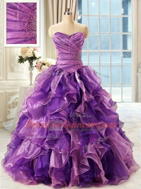 Eggplant Purple Sleeveless Floor Length Beading and Ruffles Lace Up Ball Gown Prom Dress