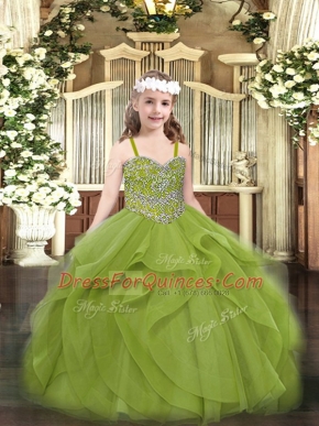 Beading and Ruffles Little Girls Pageant Dress Wholesale Olive Green Lace Up Sleeveless Floor Length