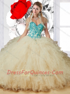 2016 Exquisite Sweetheart Champagne Quinceanera Dresses with Appliques and Ruffles